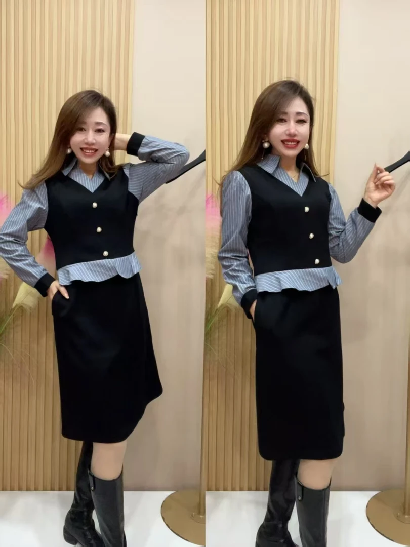 娟397拼接长款网红百搭连衣裙气质秋冬假两件中长裙A字裙收腰减龄