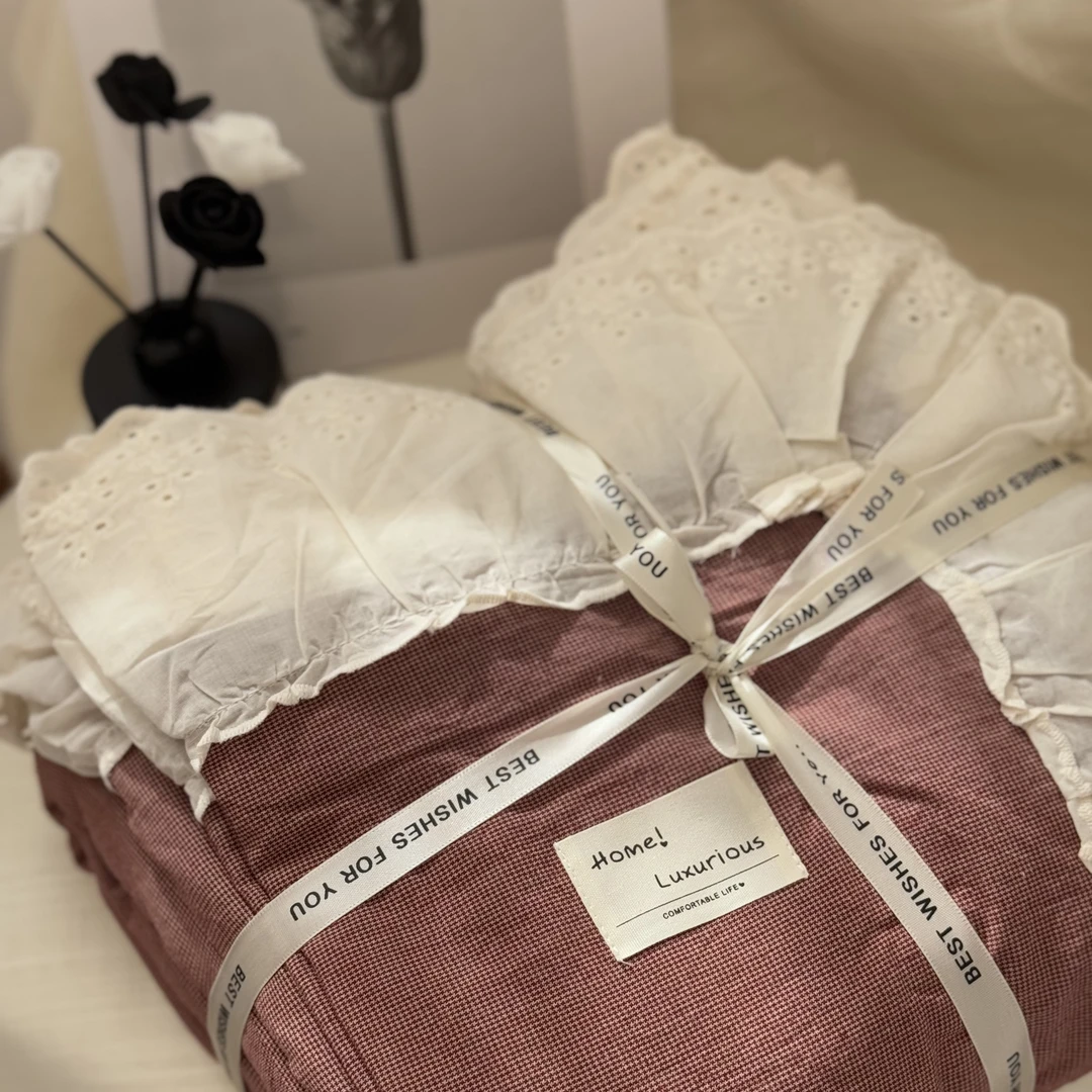 韩式复古风棉双层纱四件套花边被套床单简约风床上用品