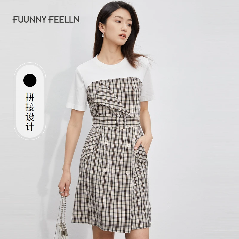 商场同款仿佛春夏拼接连衣裙短袖显瘦收腰格纹舒适时尚仿佛01007