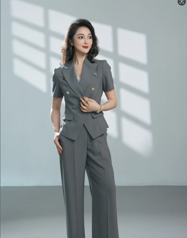 烟灰色夏季新款职业气质轻奢时尚高级感收腰修身清凉女西装两件套