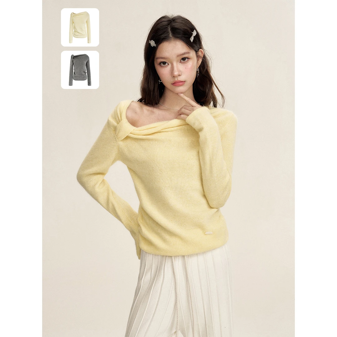 16DEWS 2024AW 软糯浣熊绒斜肩不规则毛衣