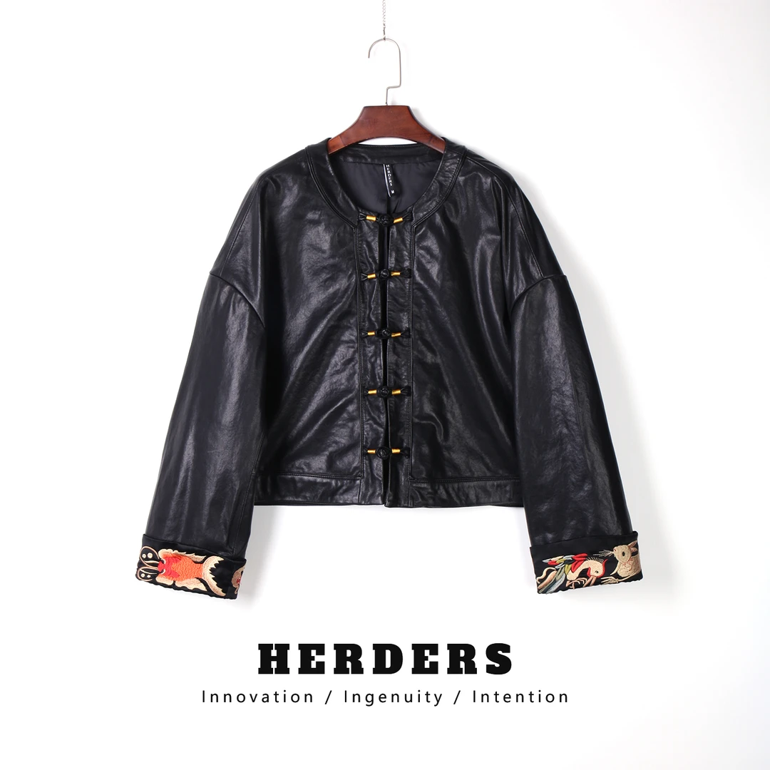 HERDERS 短款国风盘口新中式重工植鞣皮衣 40023