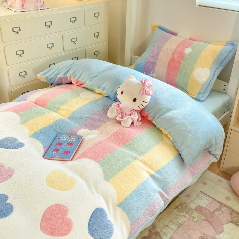 牛奶绒冬季学生宿舍床上三件套加厚双面法兰绒被套加绒床单四件套