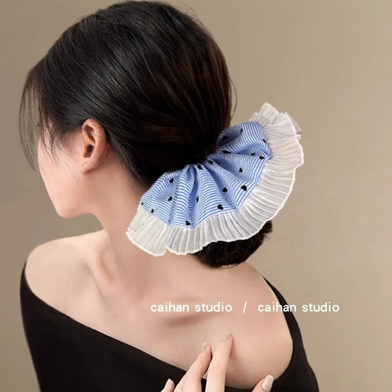 蓝色条纹爱心双层褶皱大肠发圈女韩系丸子头发绳皮筋马尾头绳发饰