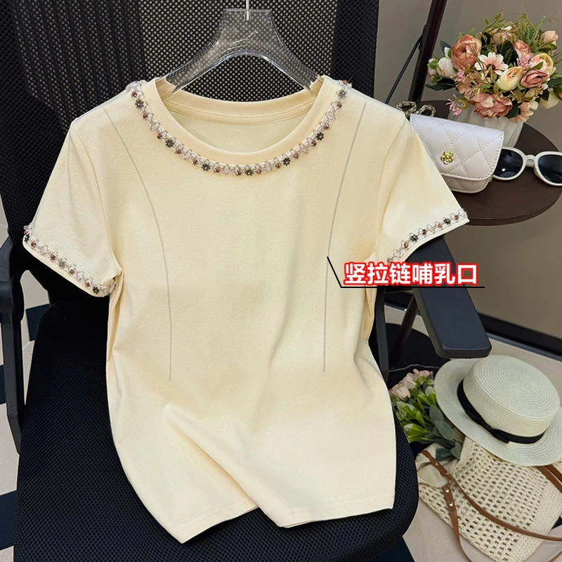 夏季短袖哺乳衣时尚工艺韩版T恤胸前竖拉链方便产后外出喂奶上衣