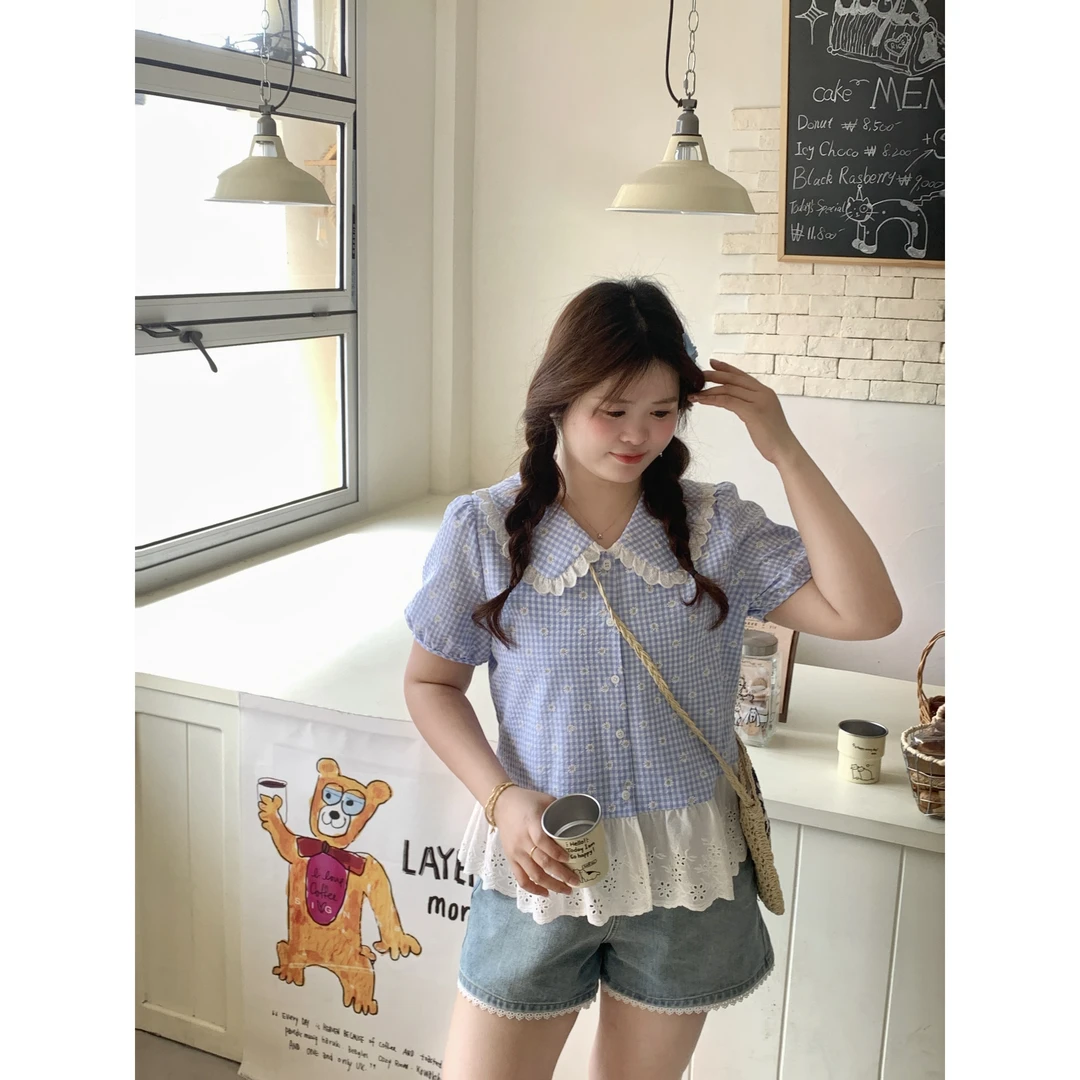 【初恋小雏菊】大头婷微胖夏季衬衫格纹花朵娃娃领短袖上衣