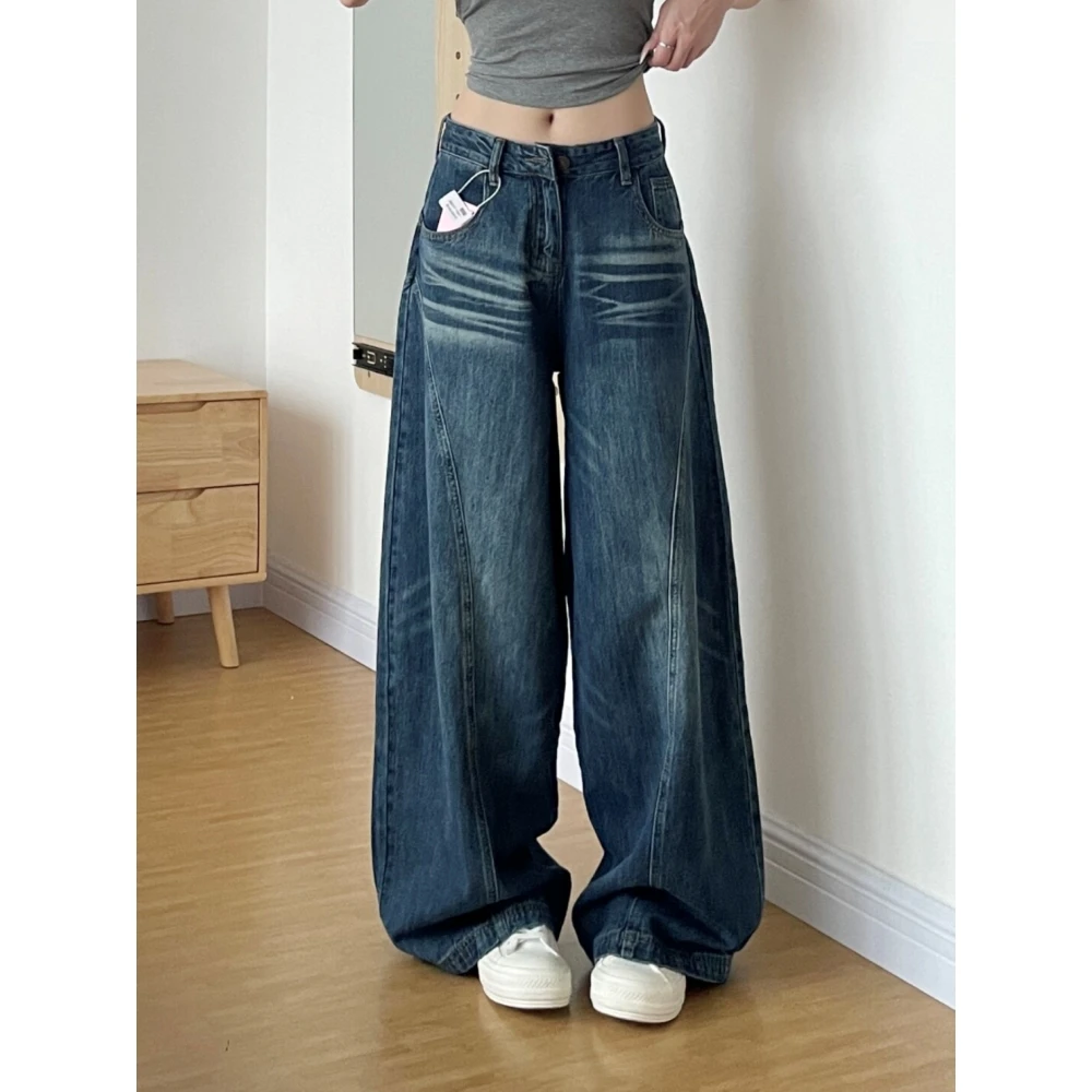 美式复古阔腿弯刀牛仔裤女2025秋季新款显瘦宽松水洗直筒拖地裤子