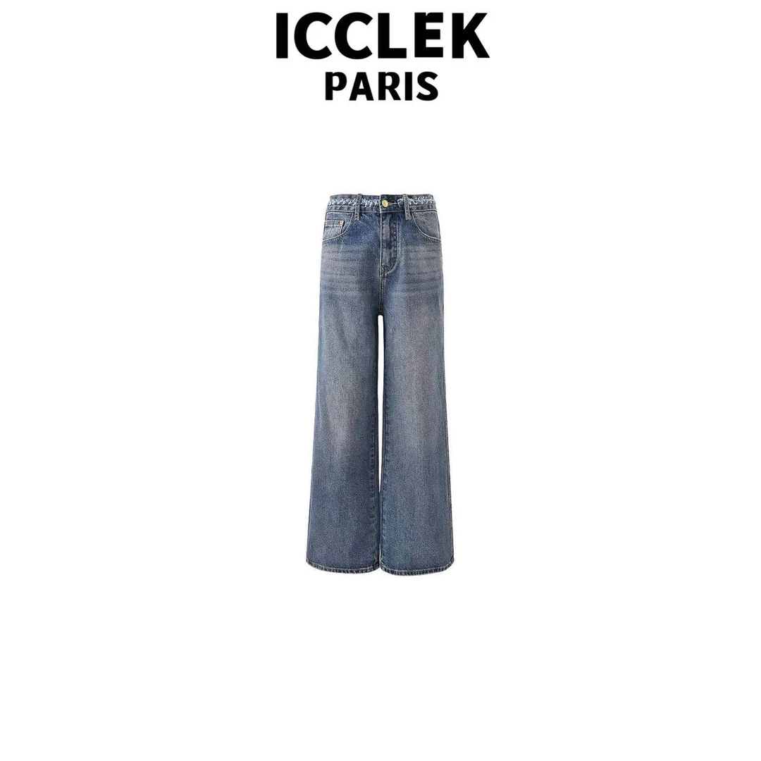 ICCLEK 蓝色高腰直筒百搭牛仔裤气质秋季百搭显瘦阔腿裤子 - 9115