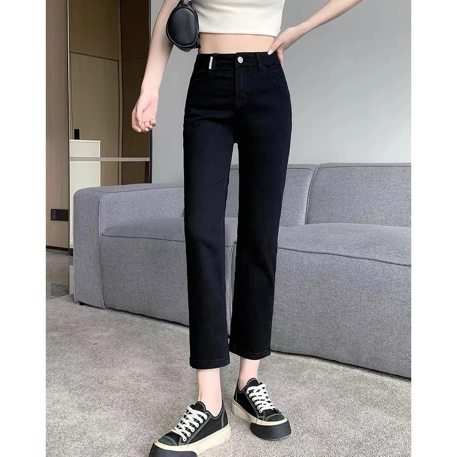 8190-黑色薄料夏季修身修身直筒裤烟管裤九分时尚百搭休闲韩版
