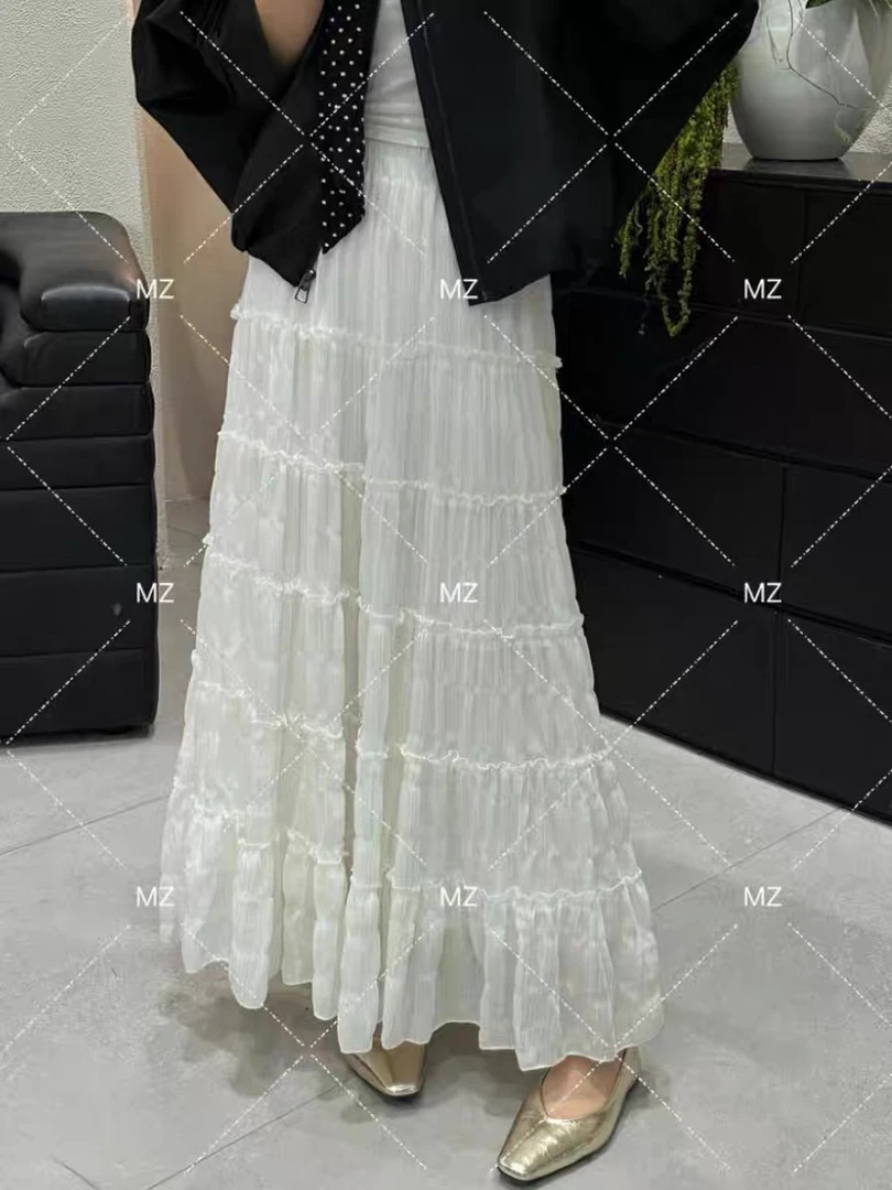 韩版温柔风中长款褶皱蛋糕裙半身裙女2025年新款纯色半截裙a字裙