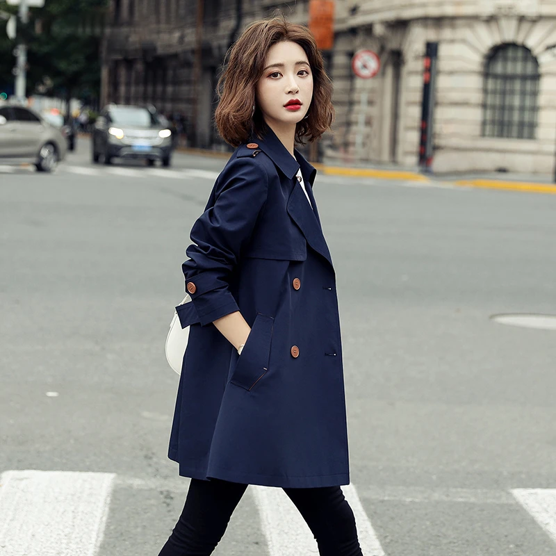 春秋款短款风衣外套女2025年新款韩版大衣小个子中长款藏青色风衣
