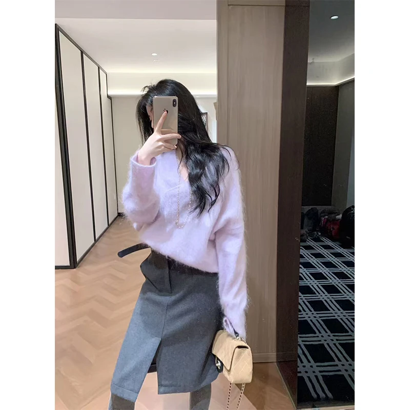 高级感紫色毛衣女慵懒风松弛感软糯针织衫长袖上衣宽松休闲半身裙