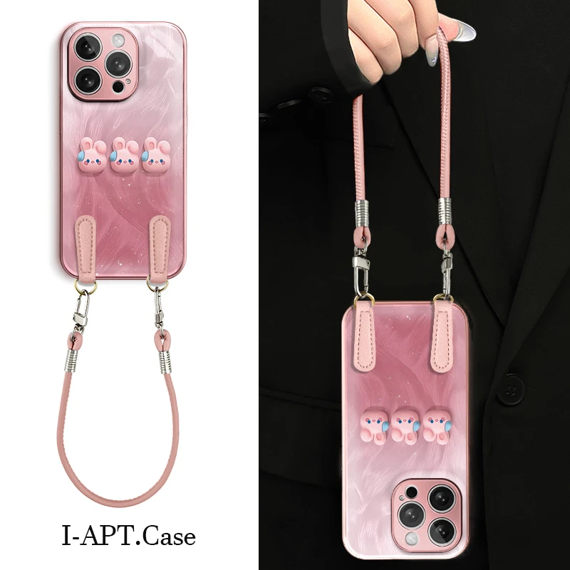 羽纱粉三个兔头水凝玻璃壳适用iPhone苹果16手机壳华为oppo小米vi