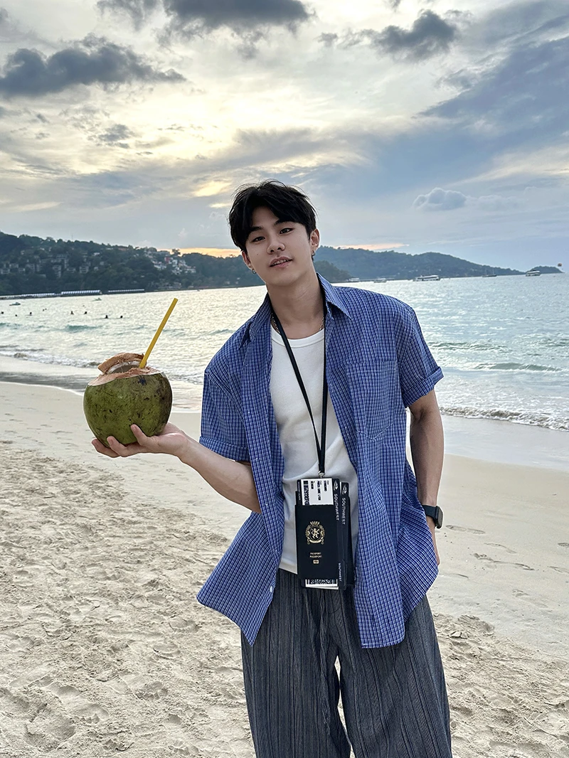 【慵懒miu系】Bloom Studio蓝色细格子衬衫宽松慵懒休闲短袖衬衫