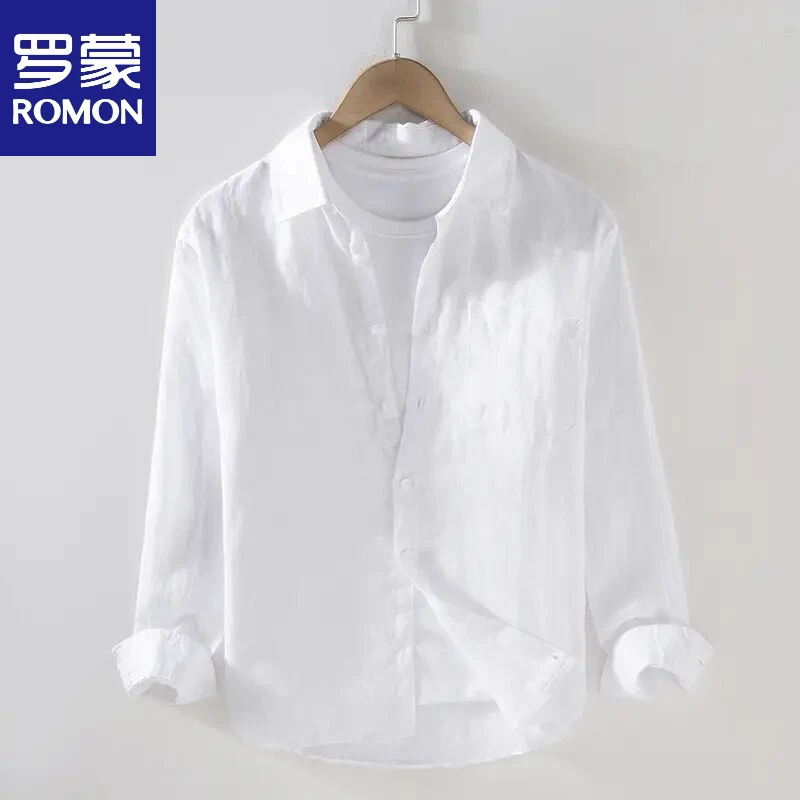 罗蒙9701纯亚麻衬衣男薄款透气新款潮流帅气休闲宽松夏季麻料长袖
