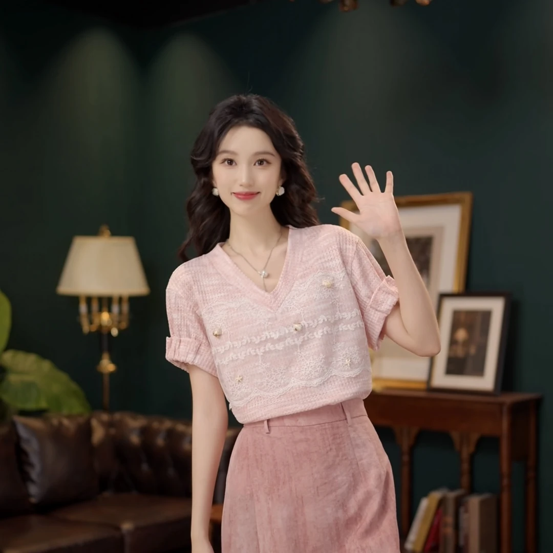 琦琦【粉气乙女】甜美小衫休闲百搭短袖衬衫女夏季上衣YS1113295