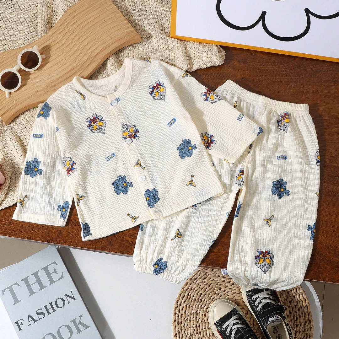 女童夏季开衫睡衣儿童九分袖家居服薄款男女宝弹力棉空调服套装D