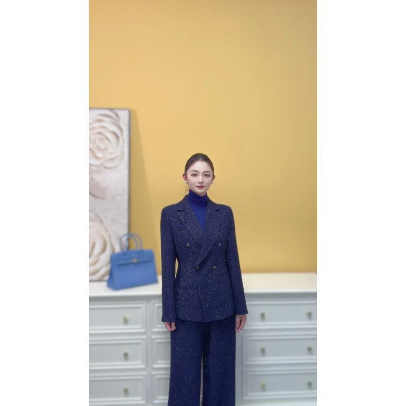 剀剀莉（藏色欺人）人丝雪花纱藏蓝色轻奢高定时尚显白显瘦西服外套