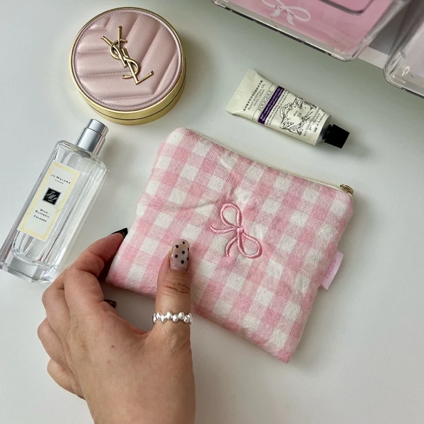 韩国进口粉色格子刺绣蝴蝶结手作卡包
