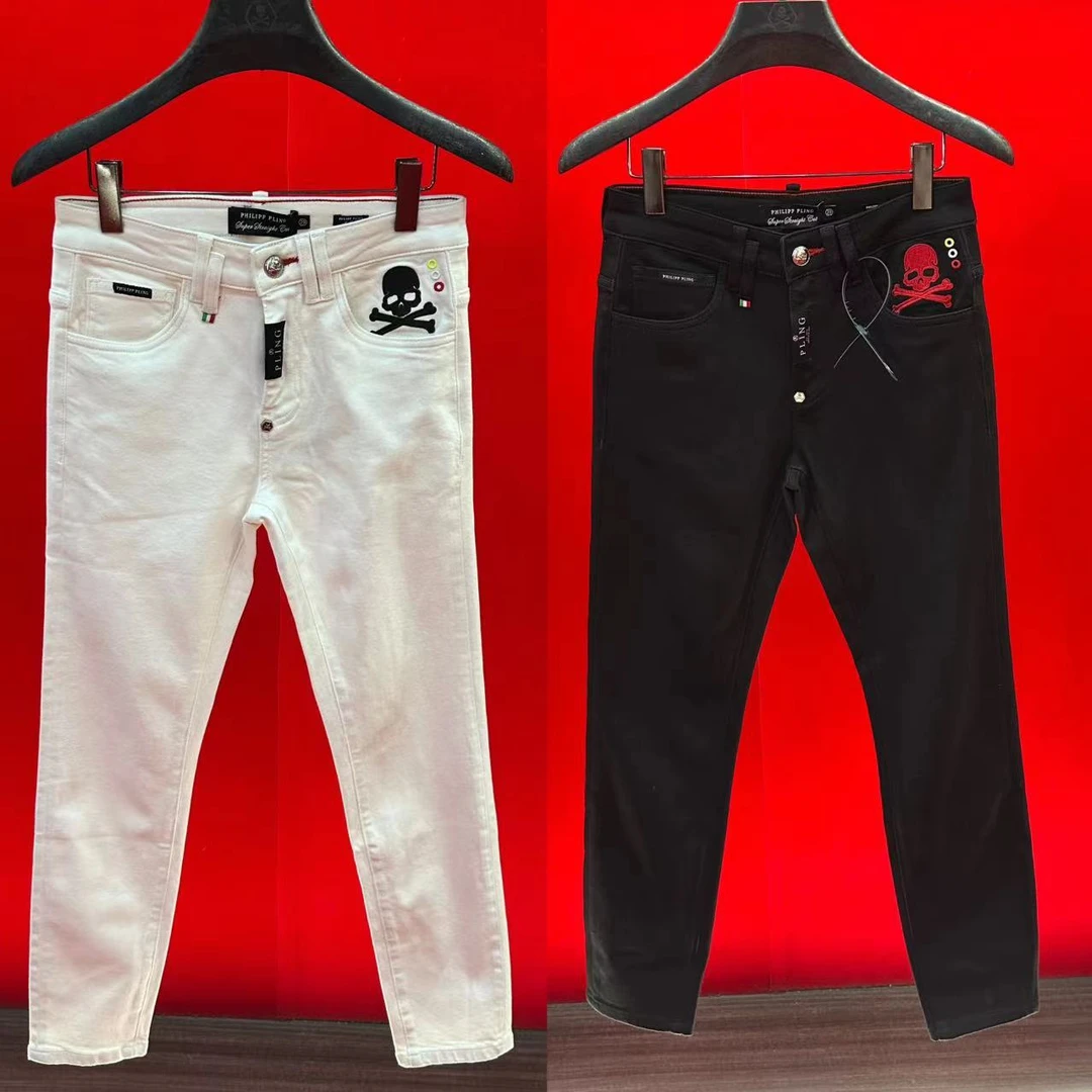 PP正品25男新款潮牌秋季小直脚骷髅头刺绣个性时尚轻奢牛仔长裤