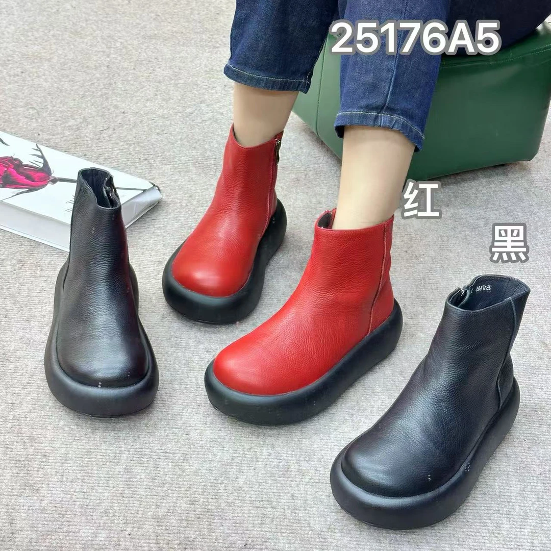 圆头厚底轻底牛皮侧拉链纯色马丁靴时尚靴子职场休闲风