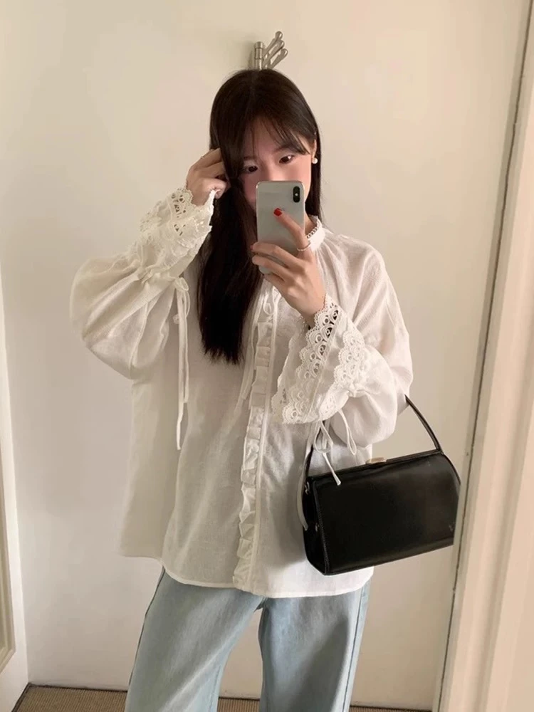法式蕾丝拼接花边系带衬衫2025早秋女设计感小众衬衣V领系带上衣
