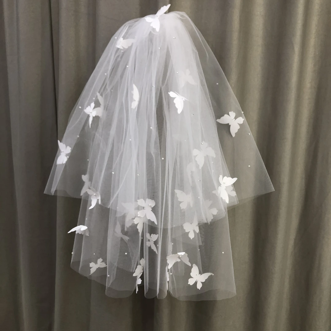 婚庆饰品325白色珍珠蝴蝶新娘头纱两层60-80公分短款设计结婚拍照