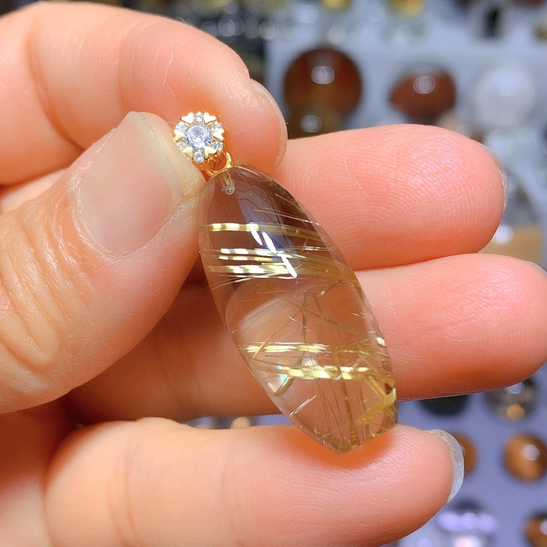 水晶吊坠银S925镀金镶嵌天然水晶