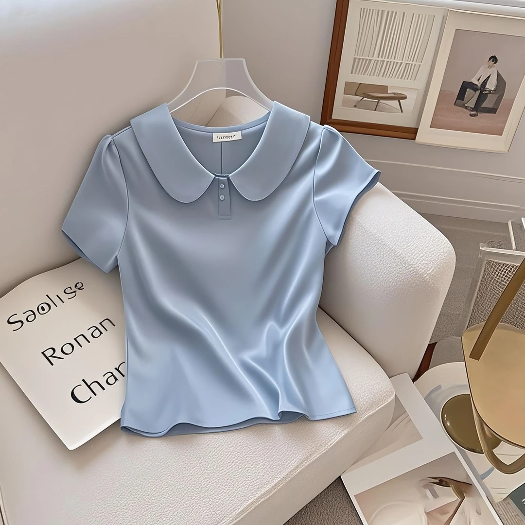 POLO领正肩短袖T恤女夏季2025新款超好看独特漂亮小个子休闲上衣