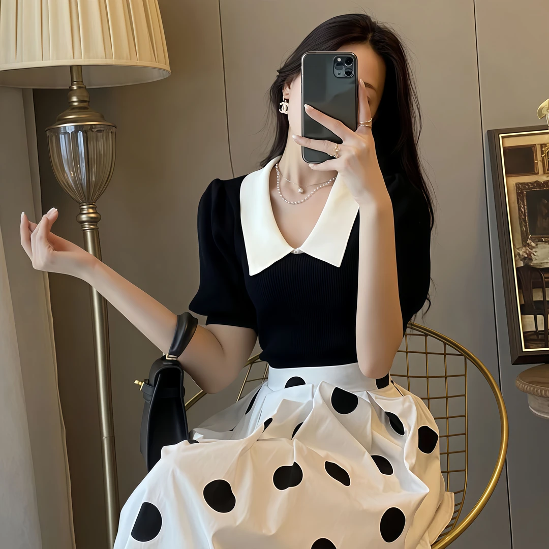 气质高级感娃娃领针织衫女百搭泡泡袖夏季撞色POLO领洋气短袖上衣