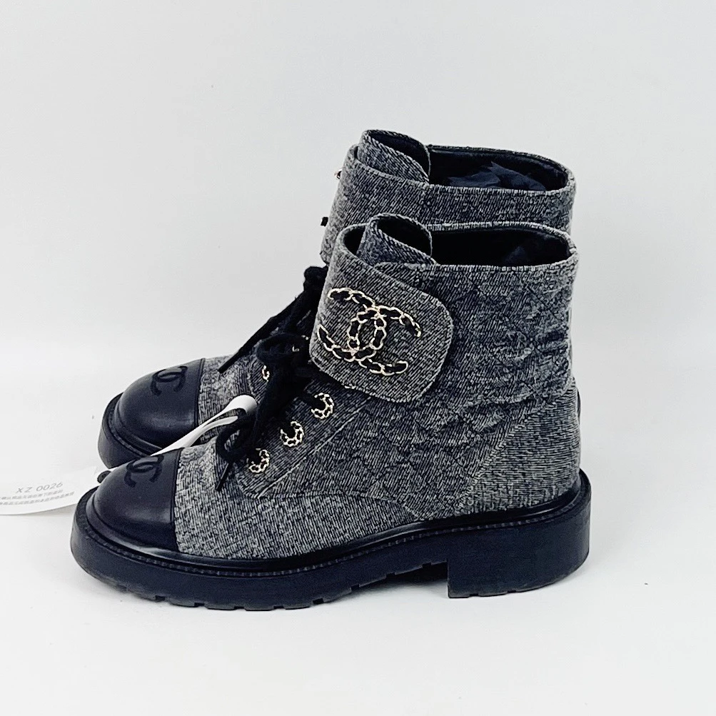 99新 Chanel/香奈儿 38码 灰色logo马丁靴 95新 xz0026