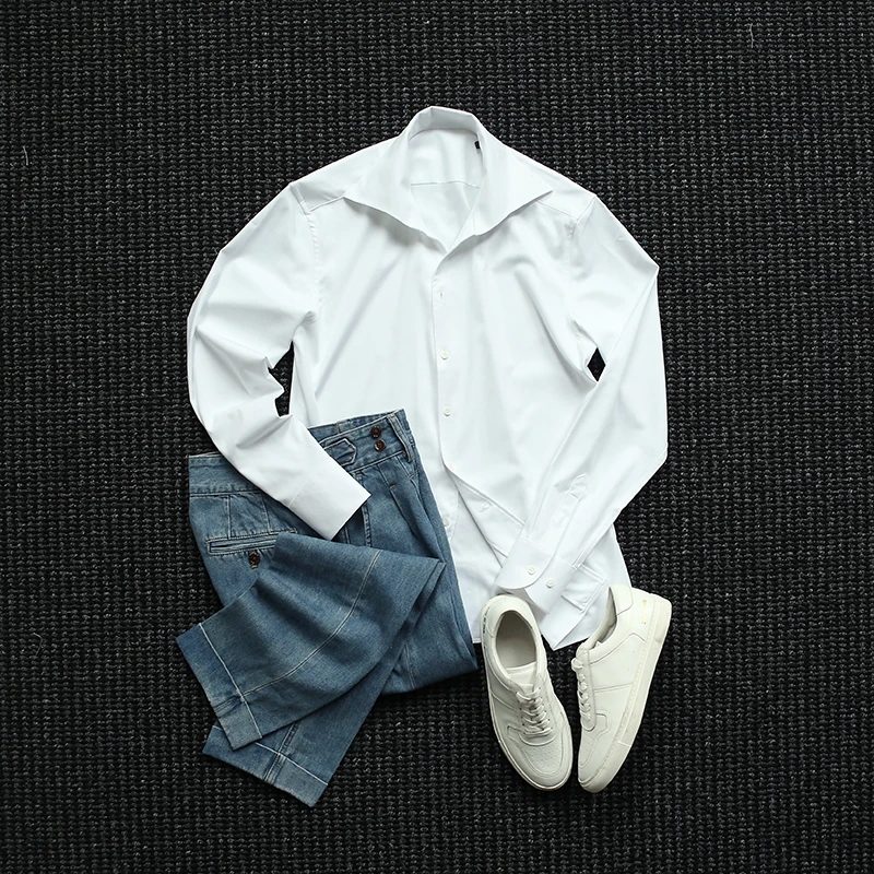 CssuGent定制级那不勒斯一片领白色衬衫男士商务通勤百搭抗皱衬衣