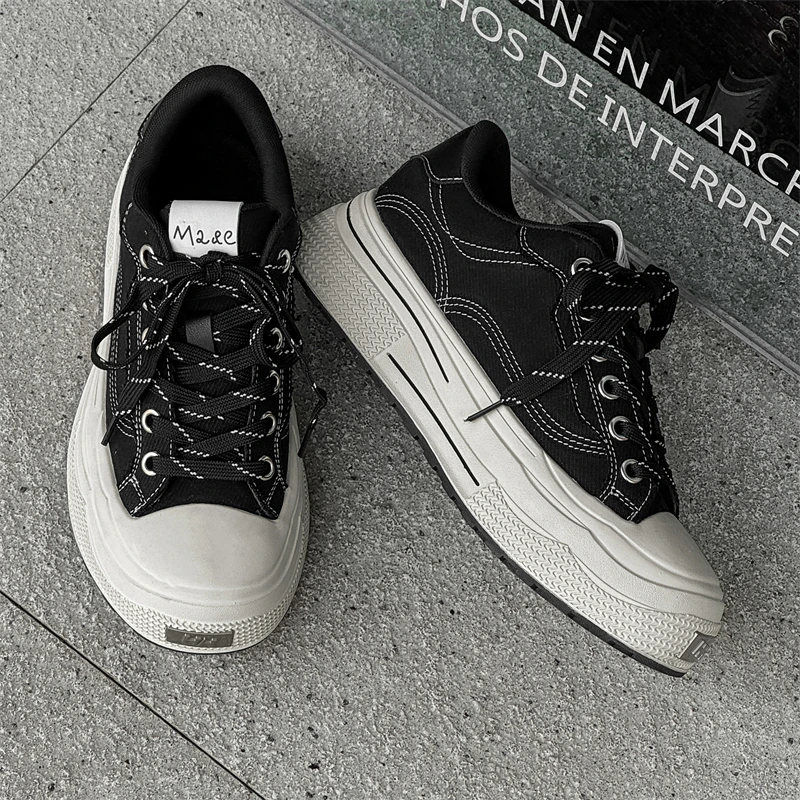 夏季新款百搭潮鞋透气休闲厚底帆布鞋复古男女情侣鞋黑色时尚板鞋