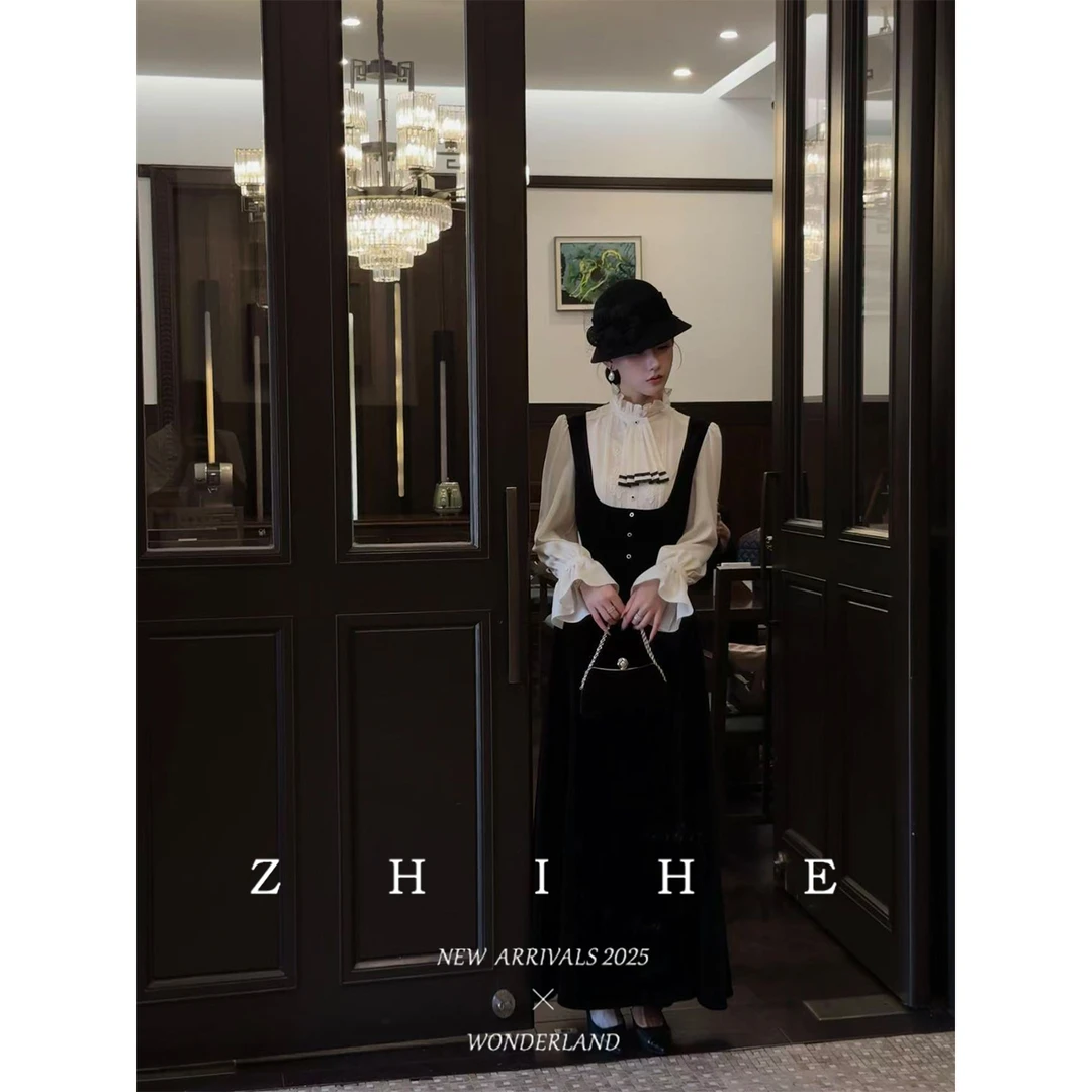 无艳一禾【塞纳风信】法式浪漫丝绒长袖收腰假两件连衣裙裙子套装