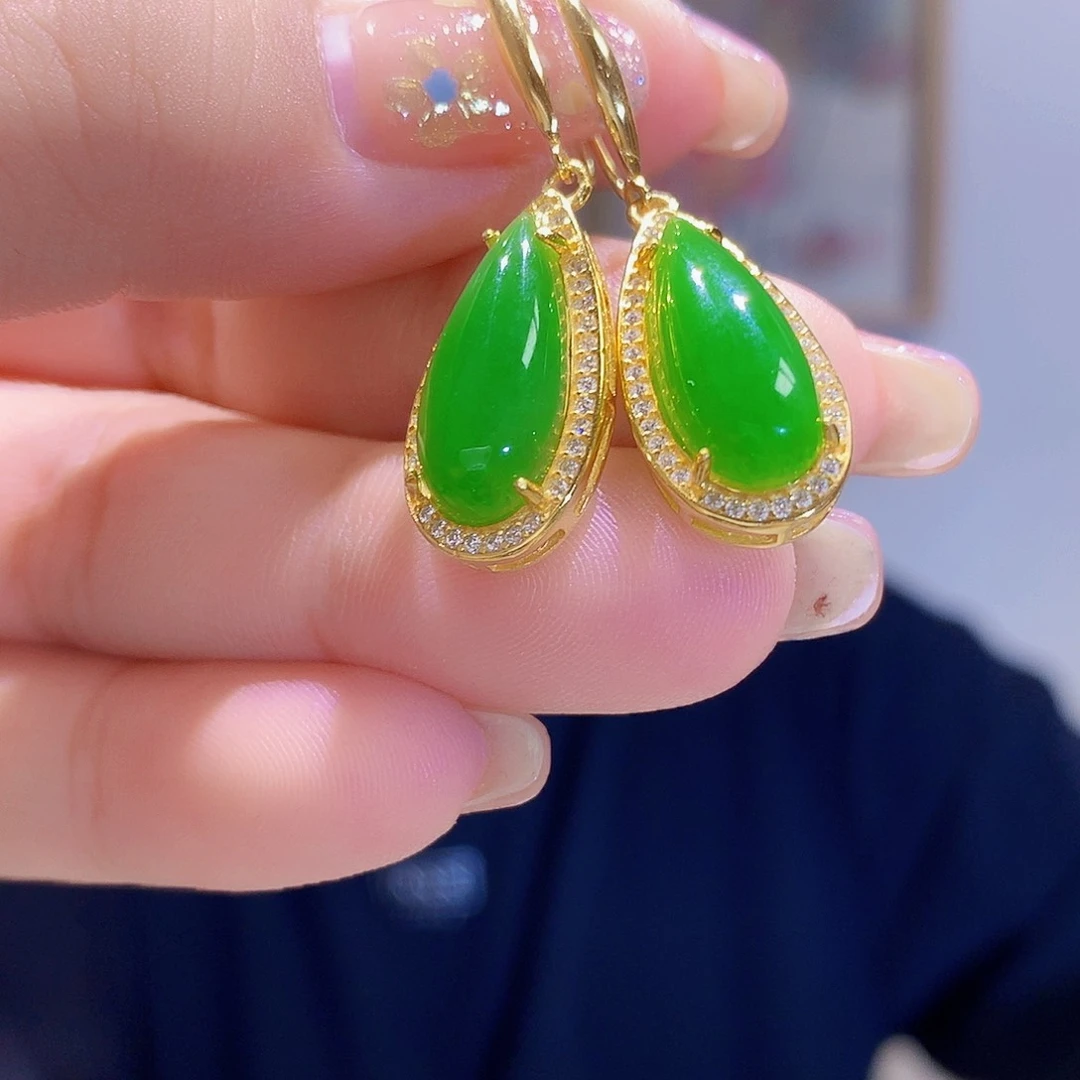 和田玉（碧玉）银S925镀金镶嵌耳饰