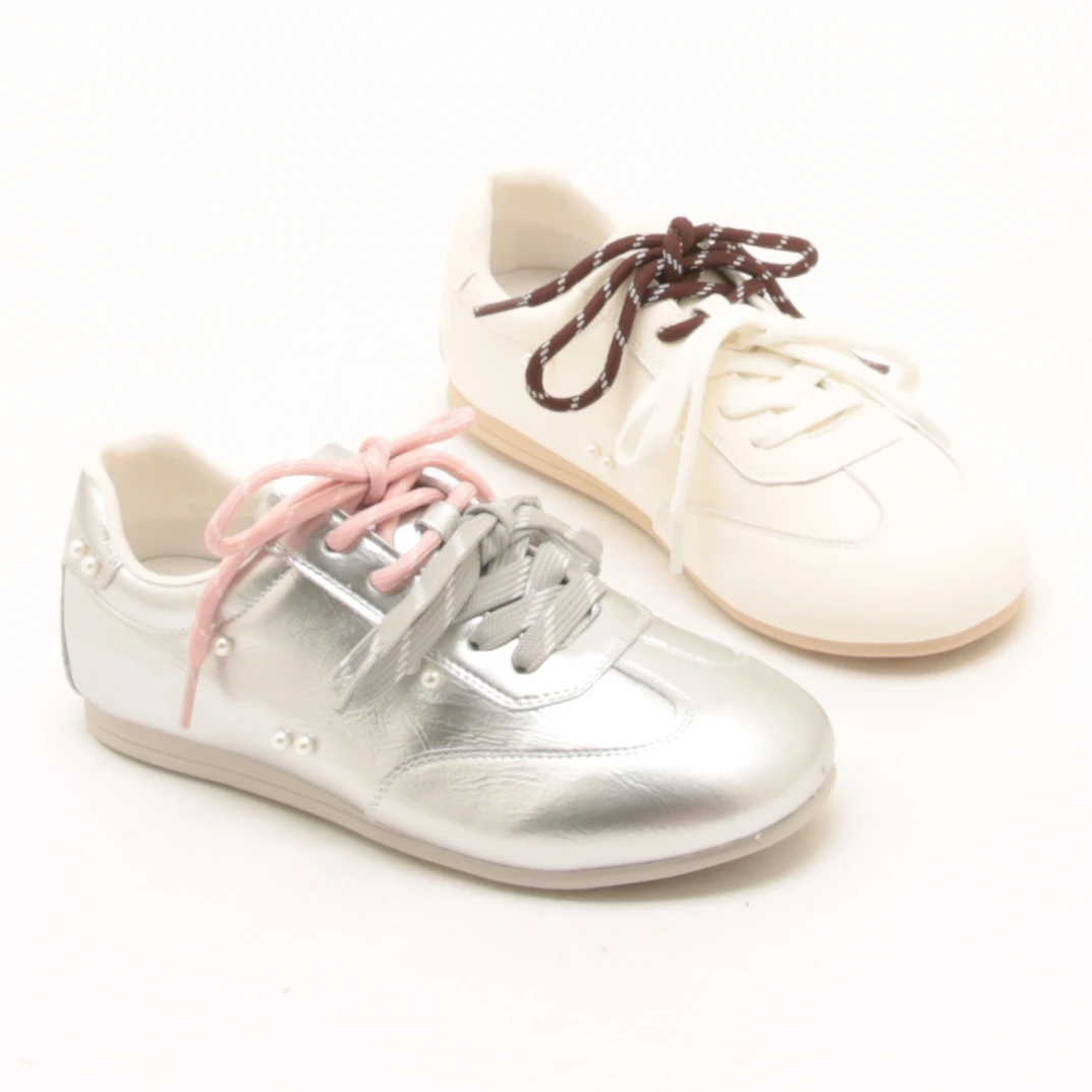 6137珍珠真皮平底德训鞋女春秋新款双鞋带百搭休闲小白鞋运动鞋