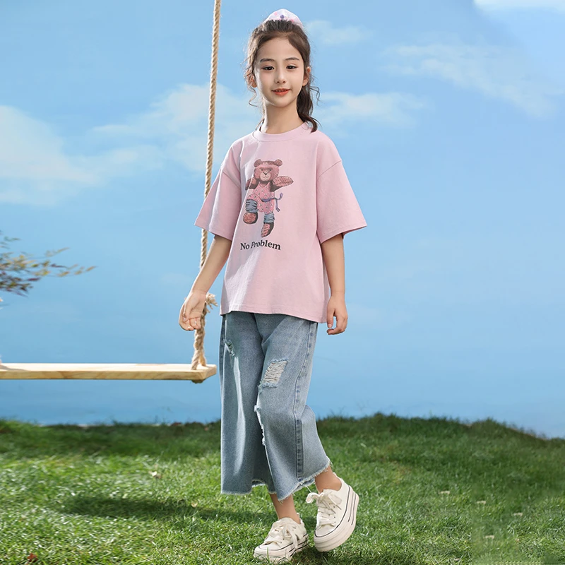 女童夏装2025新款短袖t恤夏款大童牛仔裤两件套儿童夏季套装