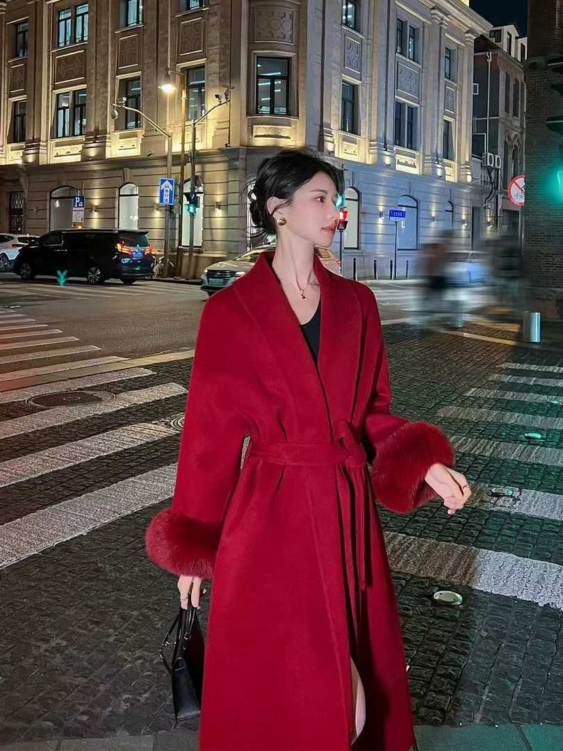 【大连冉然】2024冬季新款时尚气质显瘦设计师双面呢中长款毛袖大衣