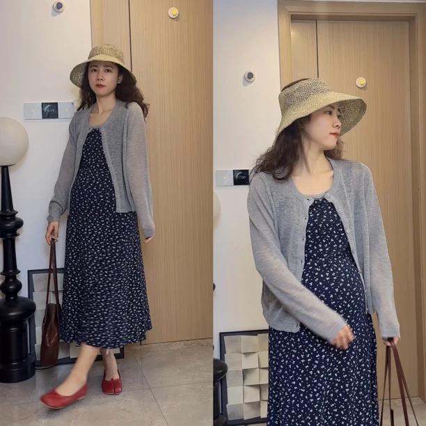 梨形身材穿的孕妇装夏季两件套小清新碎花吊带连衣裙搭针织开衫