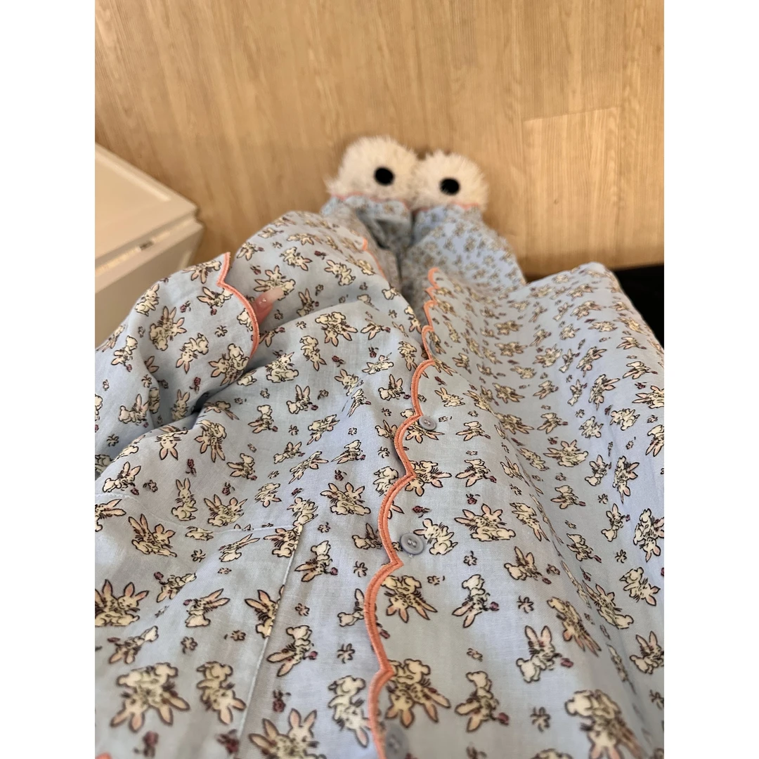 甜美简约卡通图案花边睡衣女春秋季新款长袖长裤家居服套装可外穿