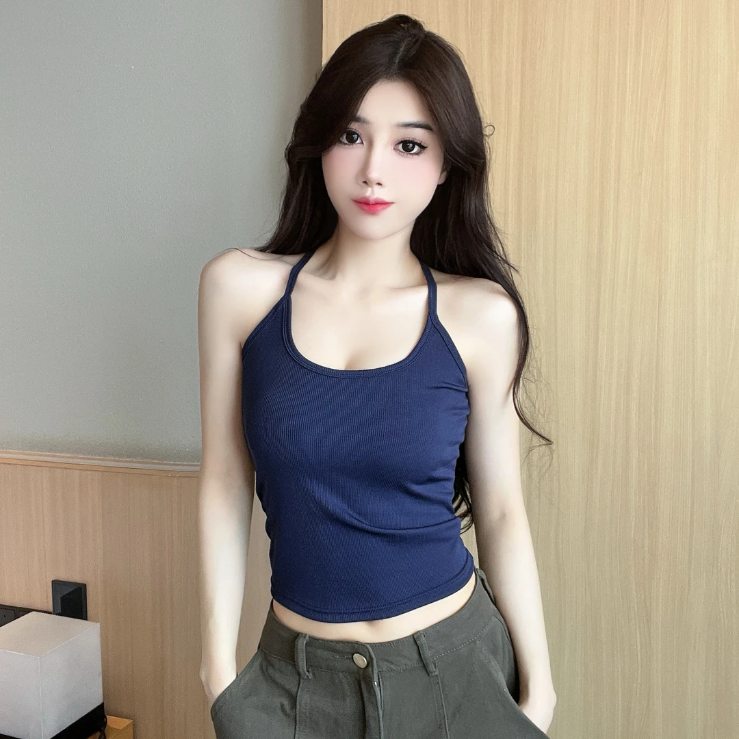 新款吊带背心女性感辣妹工字挂脖带胸垫纯欲风收腰显痩可外穿内搭