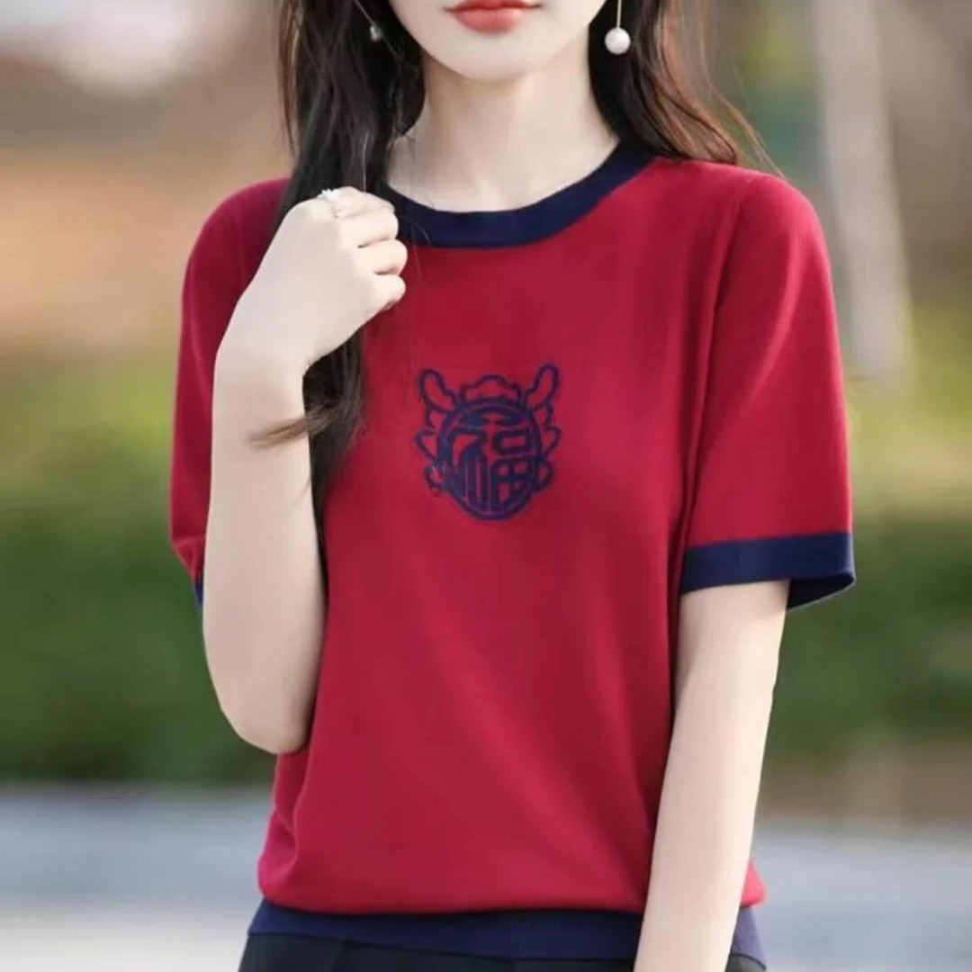 女士夏季透气圆领福字刺绣短袖针织打底宽松上衣 081