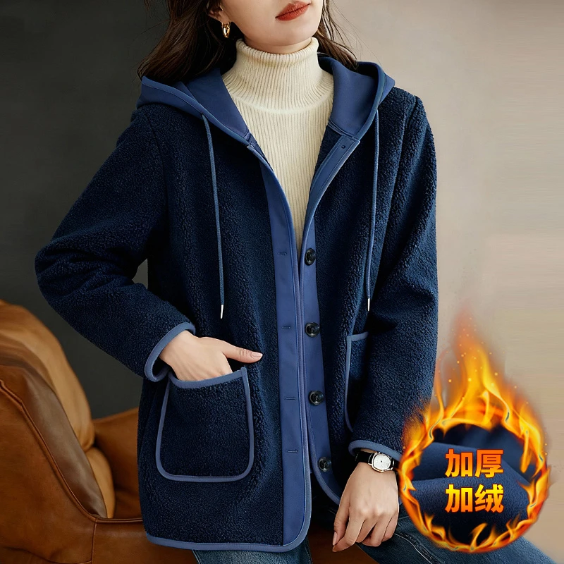 2025冬季新款大码女装爆款加绒保暖连帽休闲洋气宽松羊羔绒外套