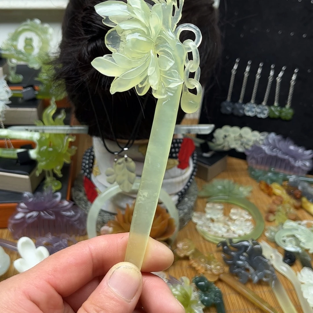 白***鹅非金属天然岫玉发簪