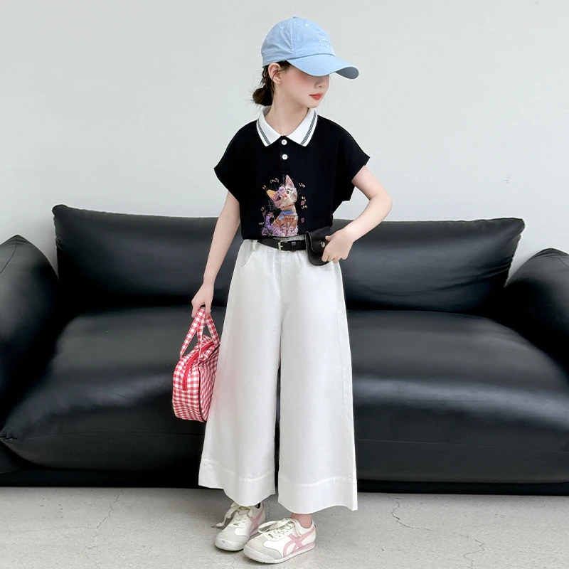 女童夏装短袖套装2025新款洋气女大童夏季polo衫儿童夏款阔腿裤子