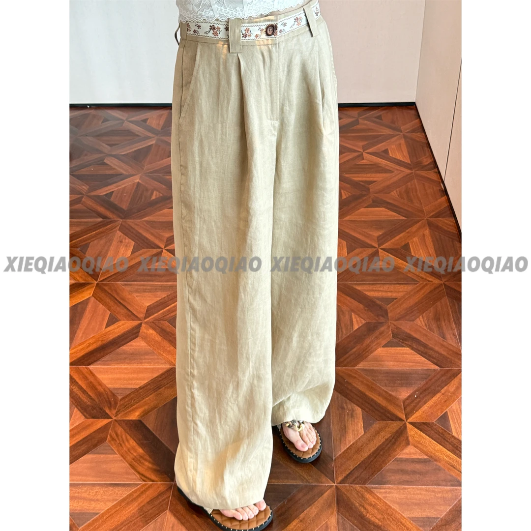 谢荞荞「古典奏章」夏季新款100亚麻腰头撞色织带慵懒休闲长裤