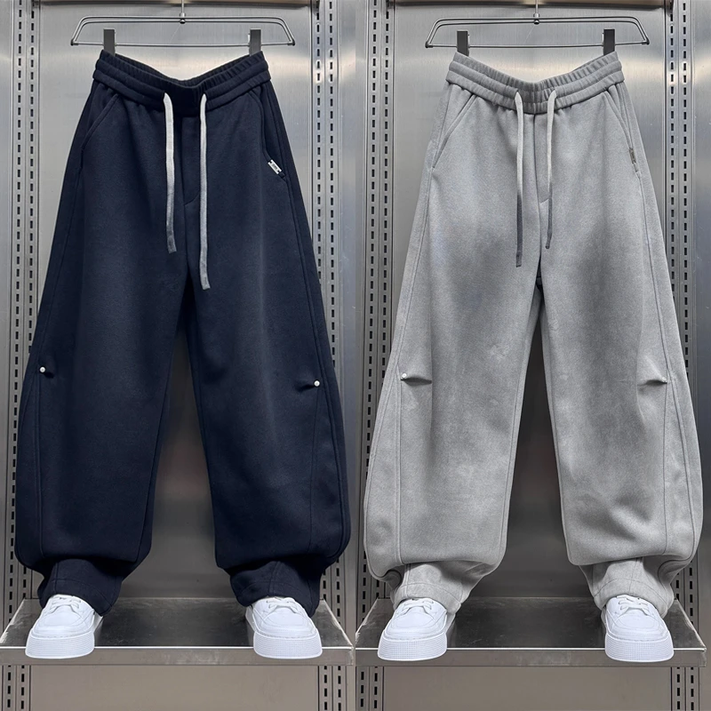 秋冬2025加绒美式潮牌宽松阔腿休闲卫裤男士渐变拼接运动裤弯刀裤