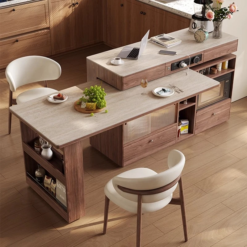 小户型中古风洞石岩板餐桌客厅家用可伸缩实木胡桃木岛台餐桌一体