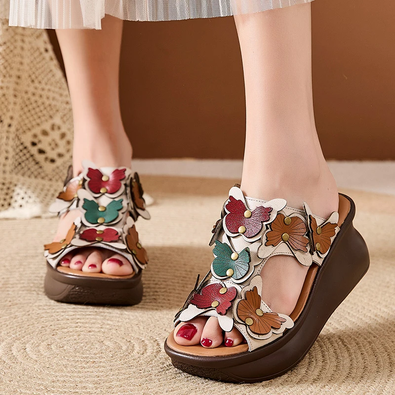 嫔妃丽人头层牛皮时尚简约厚底舒适花朵坡跟民族风露趾时尚女凉拖
