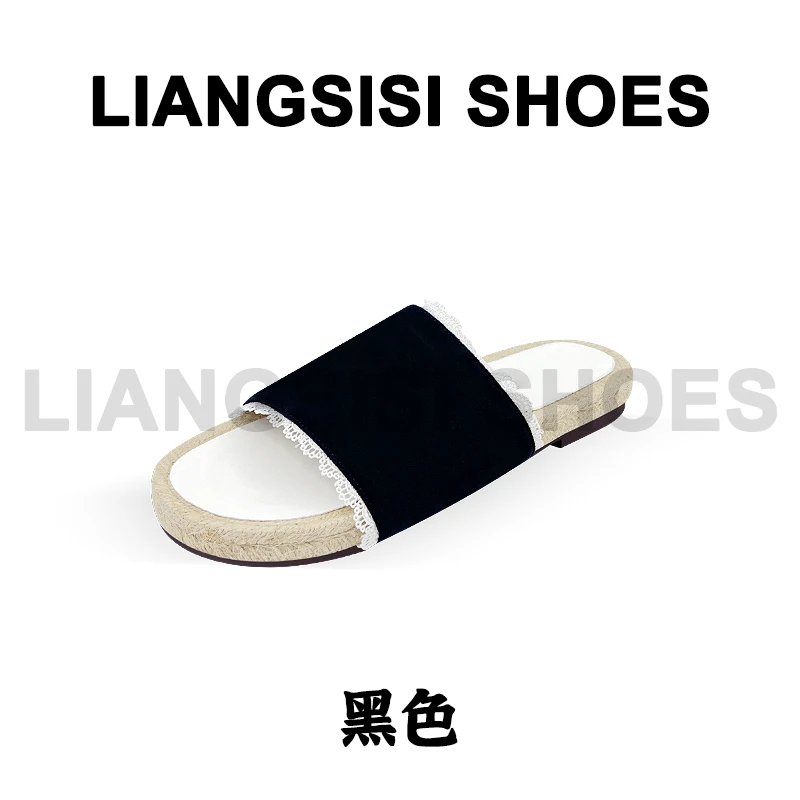 p梁思思SHOES夏季新款平底时尚麂皮蕾丝一字拖-A566-621